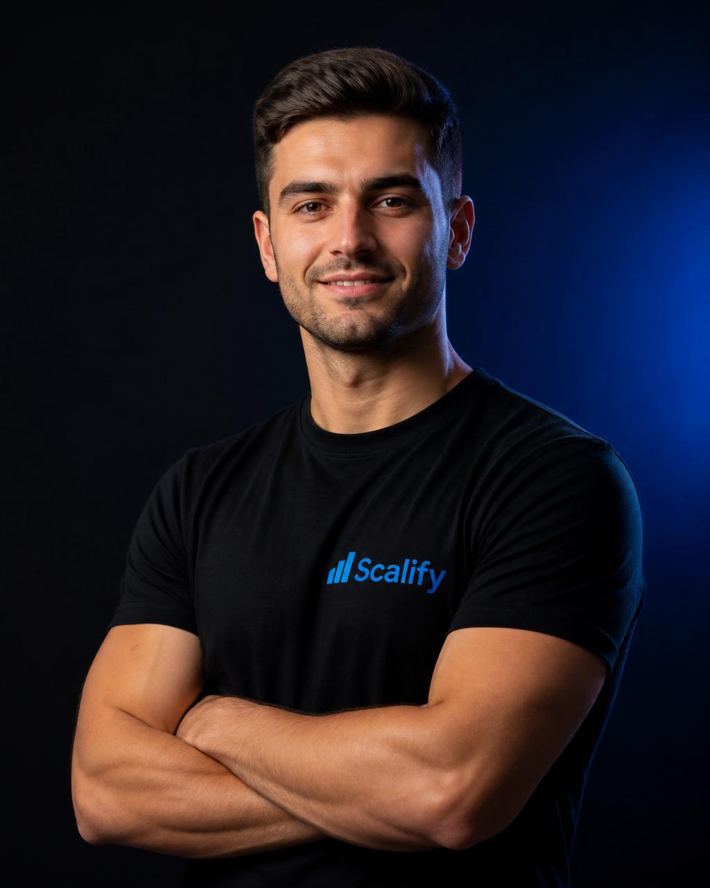 Scalify founder wearing branded shirt